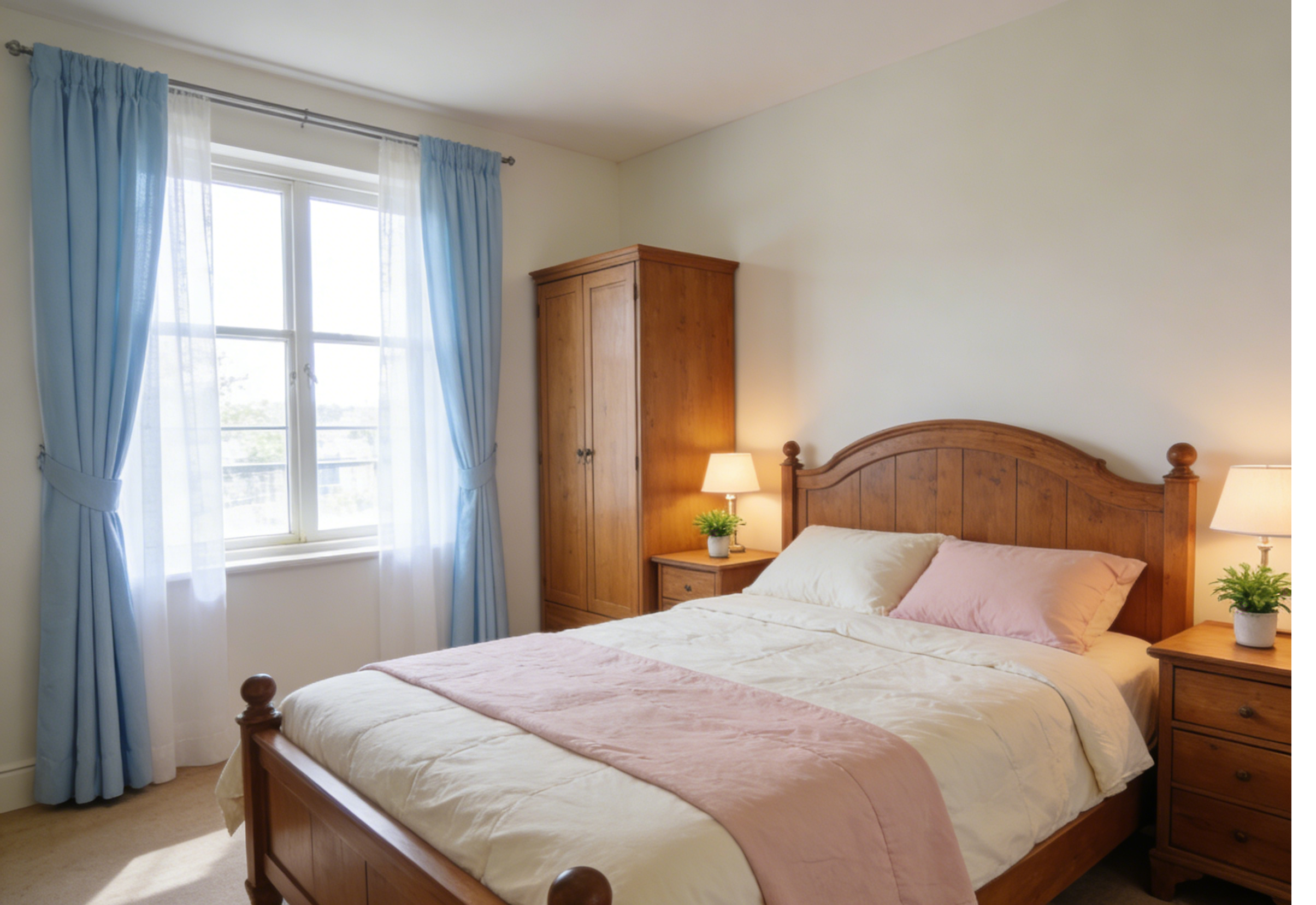 Traditional feng shui bedroom layout showing commanding position with bed diagonal to door, solid wooden headboard, symmetrical nightstands, and calming blue accents