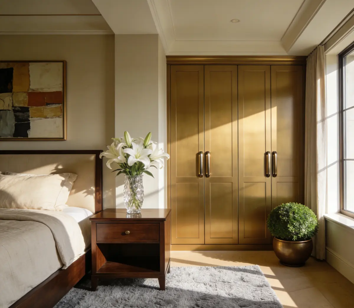 Symmetrical feng shui bedroom with matching nightstands, balanced lighting, fresh flowers, natural wood tones, and plants representing balanced chi flow