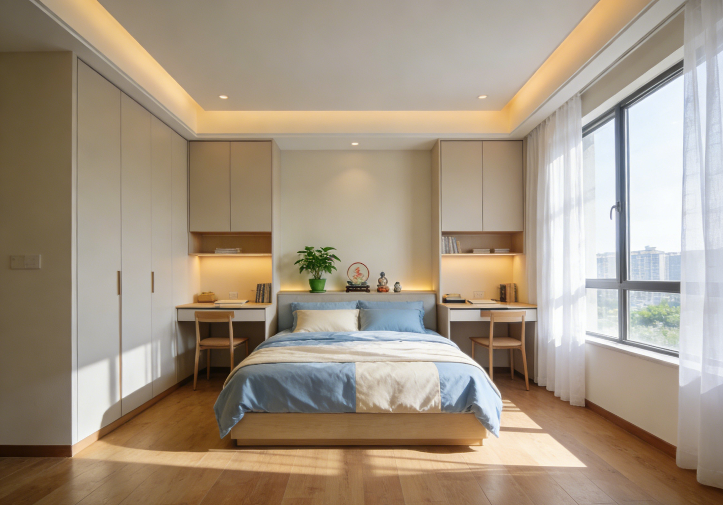 Modern feng shui bedroom with balanced layout, natural light, blue and white bedding, and calming earth tones